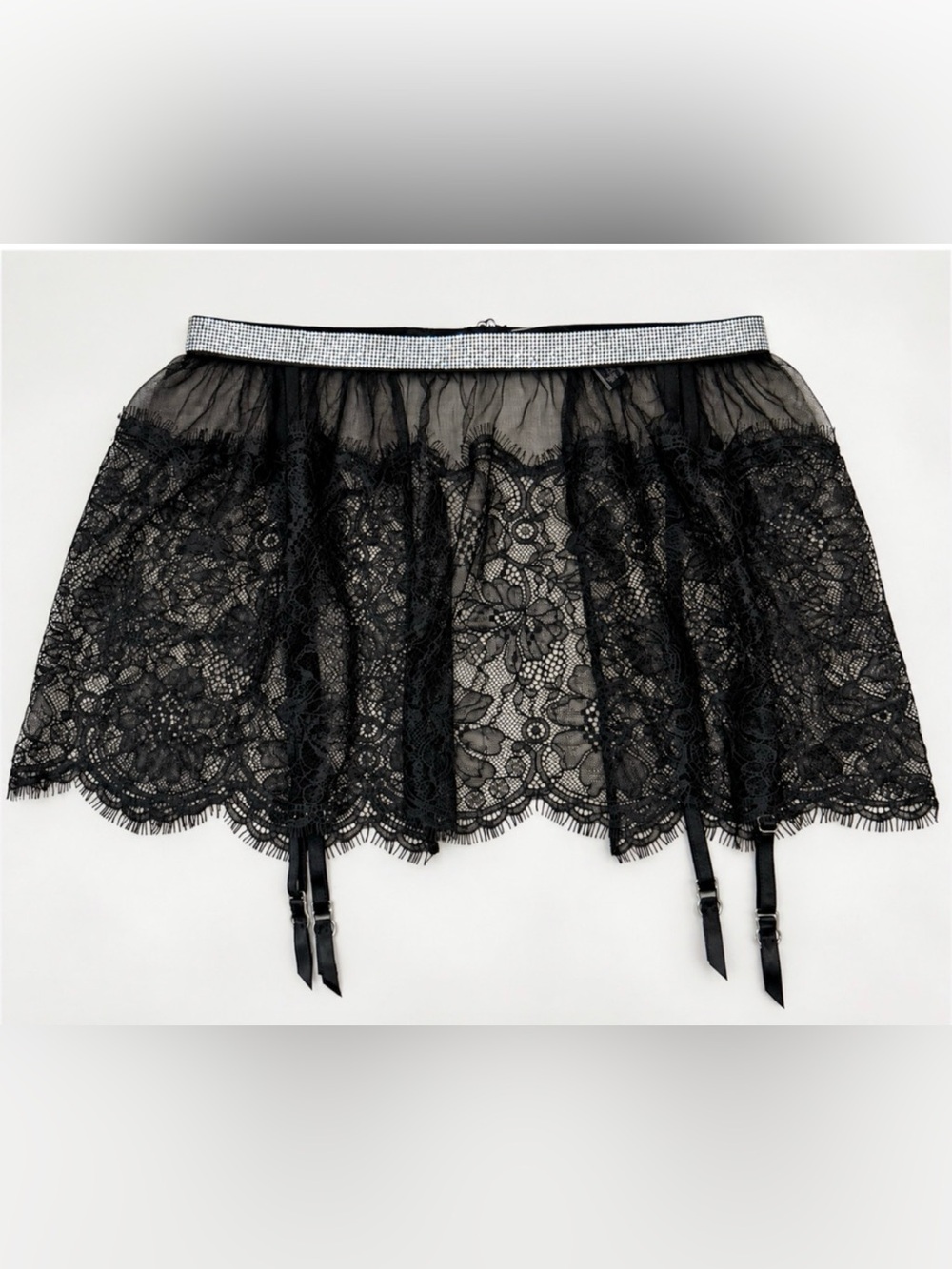 VICTORIA'S SECRET BLACK VERY SEXY SHINE LACE SKIRT WITH GARTERS GARTER BELT XS/S